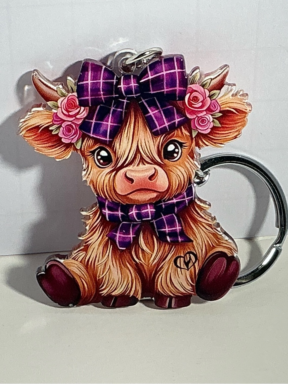 Cute Highland Cow Keychain with Purple Bow